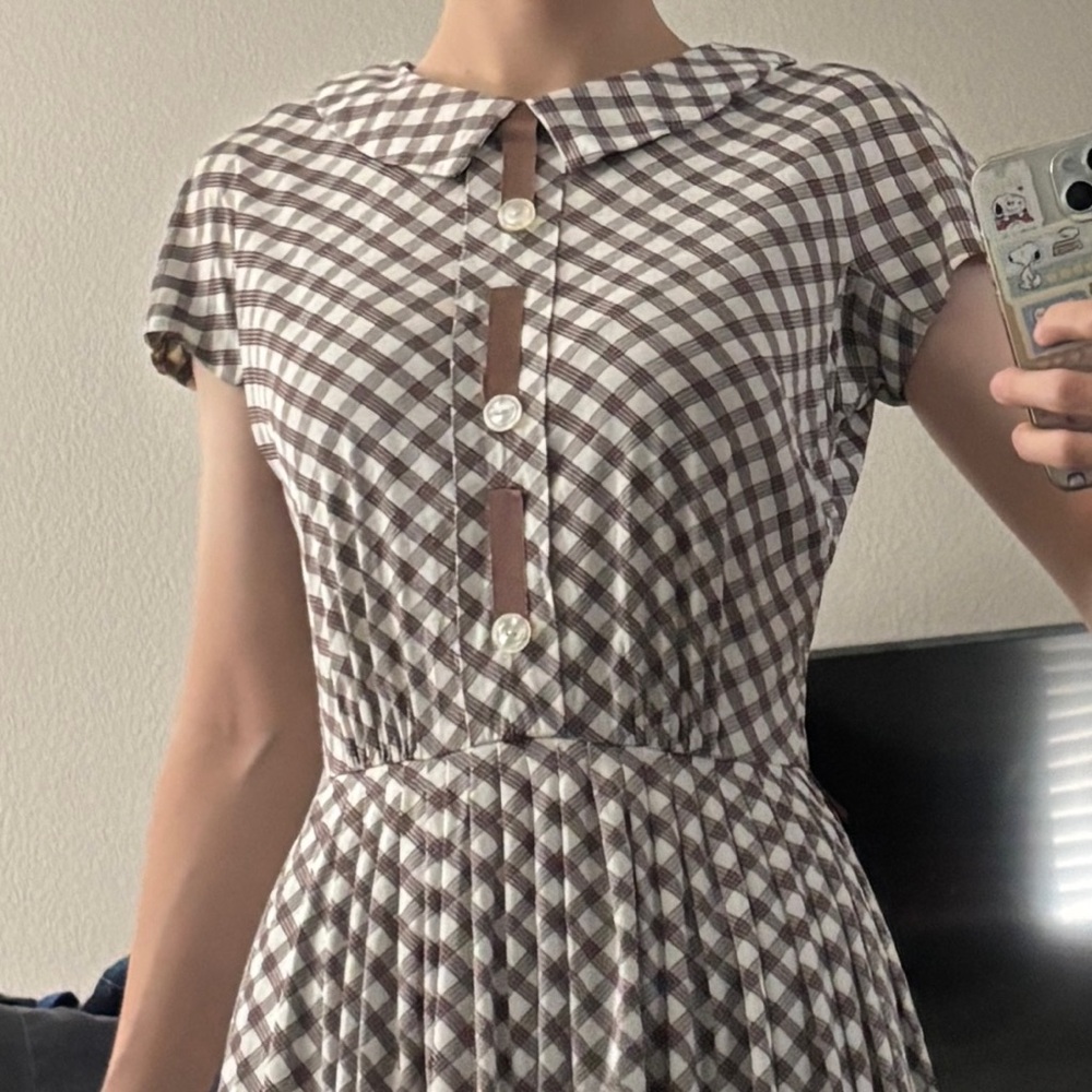 Vintage 50s Brown Checkered Midi Dress
